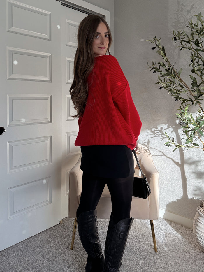 Vail Oversized Boat Neck Bubble Sleeve Sweater (Scarlet Red)