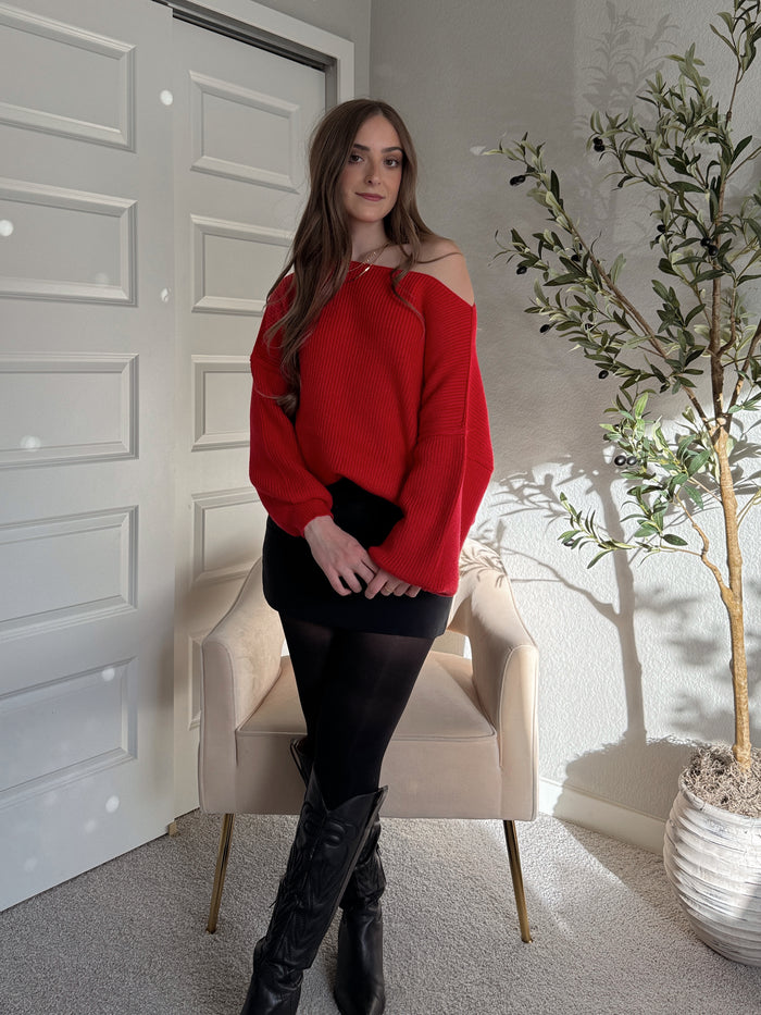 Vail Oversized Boat Neck Bubble Sleeve Sweater (Scarlet Red)