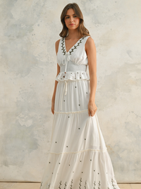 Valencia Embroidered Smocked V-Neck Top (Cream)