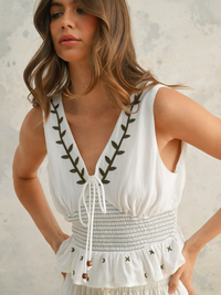 Valencia Embroidered Smocked V-Neck Top (Cream)