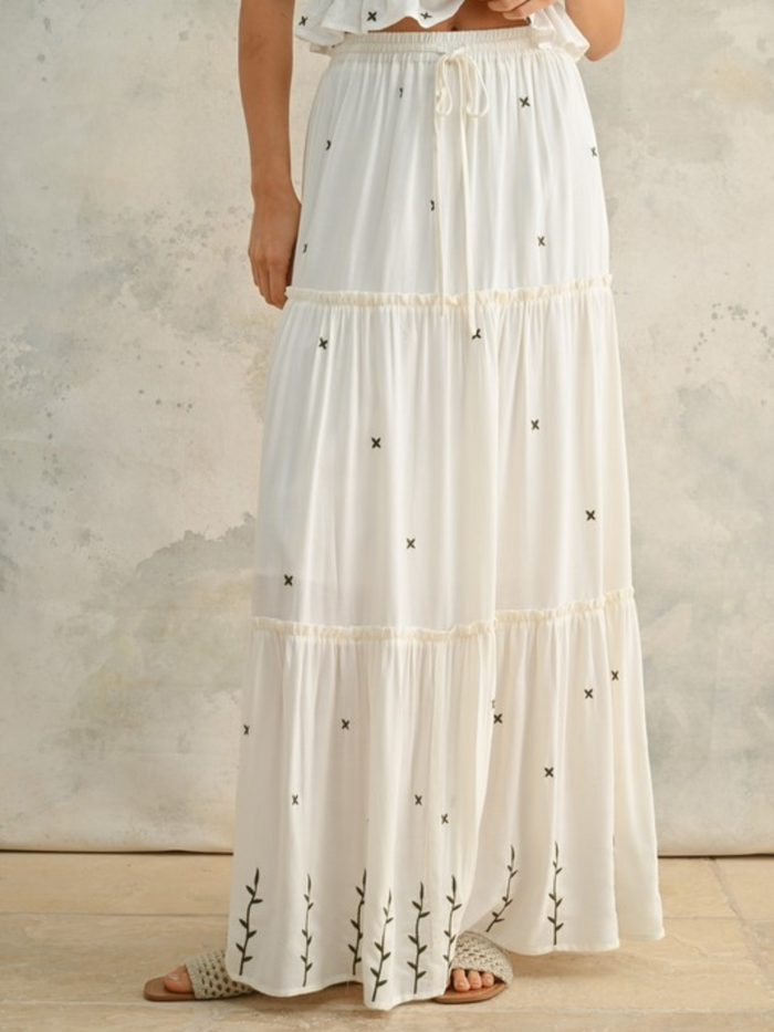 Valencia Embroidered Tiered Maxi Skirt (Cream)