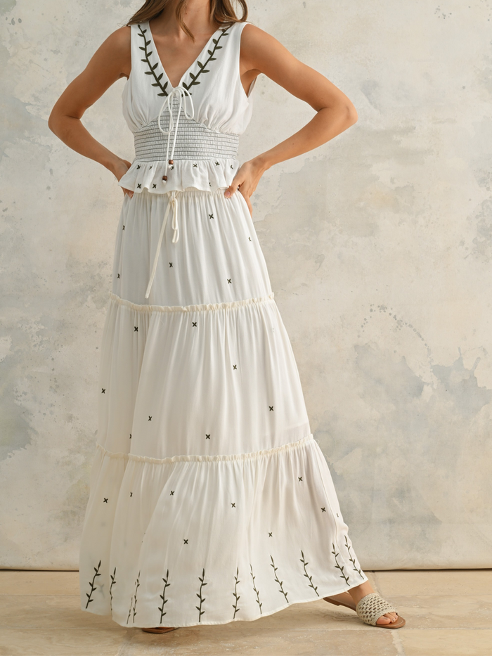 Valencia Embroidered Tiered Maxi Skirt (Cream)