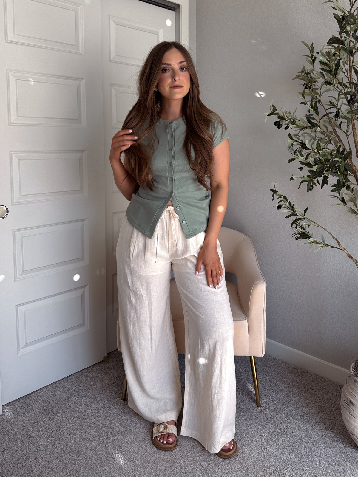 Valencia Ramie Drawstring Wide-Leg Pants (Oatmeal)