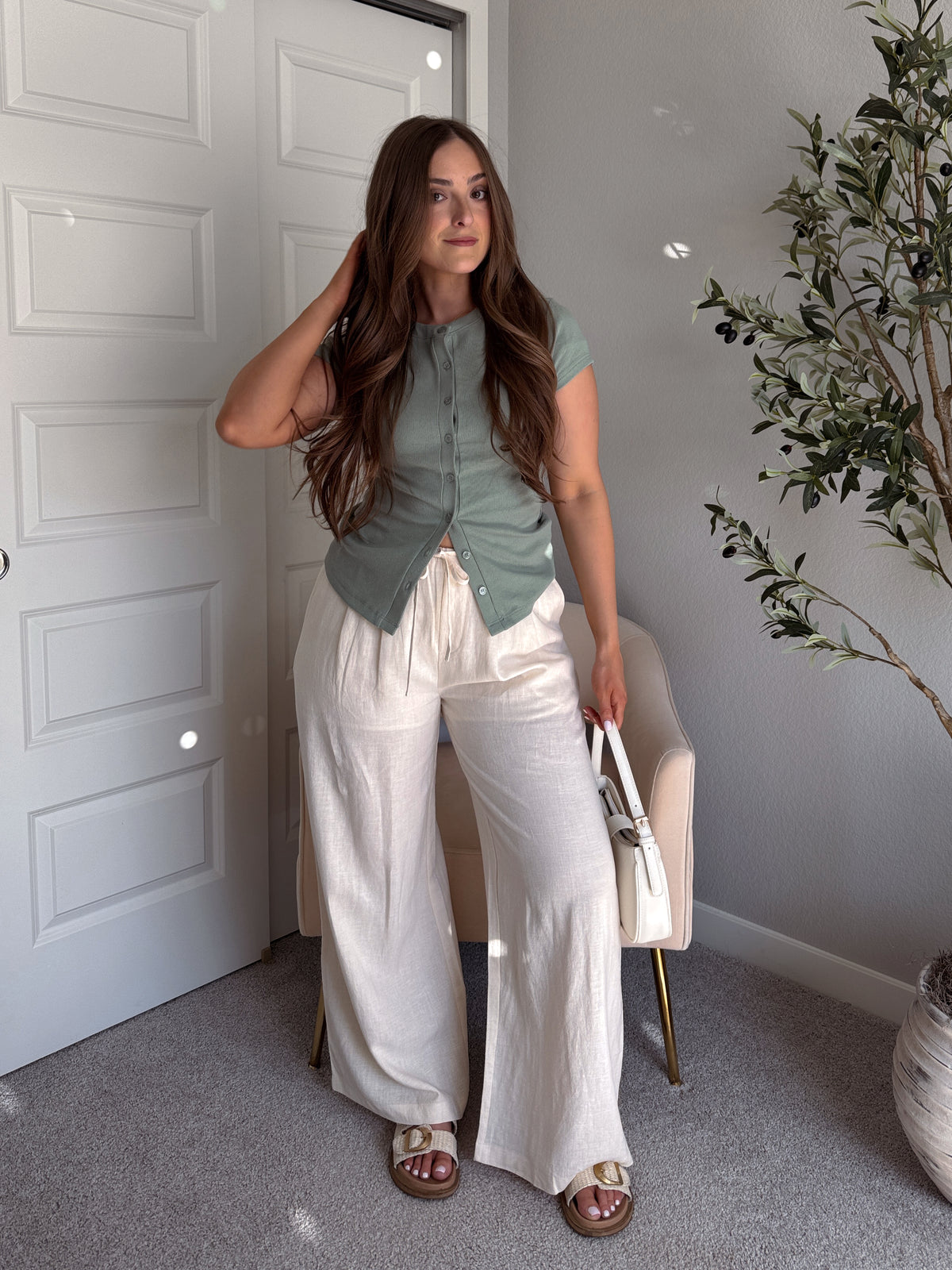 Valencia Ramie Drawstring Wide-Leg Pants (Oatmeal)