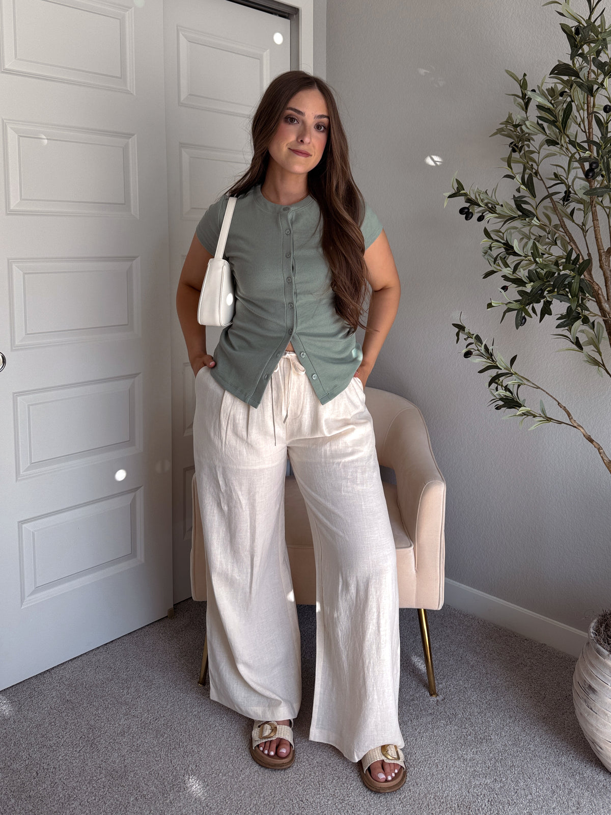 Valencia Ramie Drawstring Wide-Leg Pants (Oatmeal)