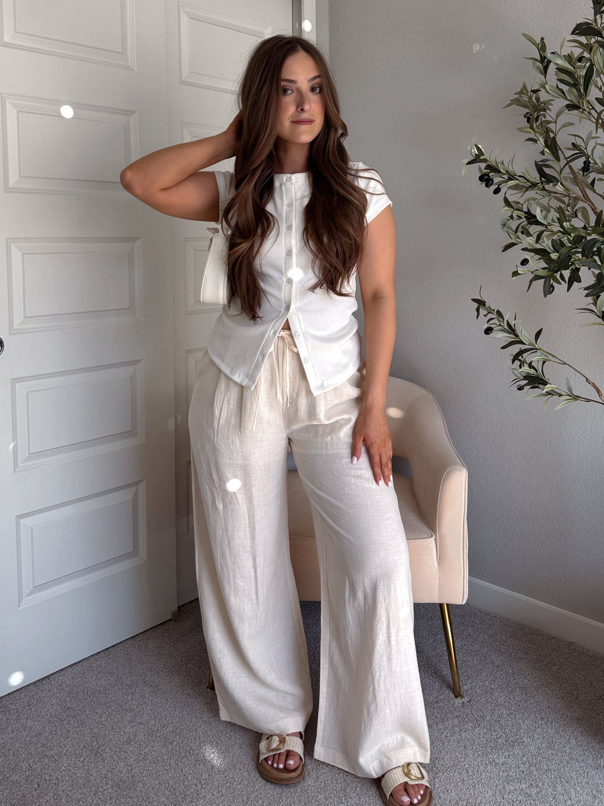 Valencia Ramie Drawstring Wide-Leg Pants (Oatmeal)