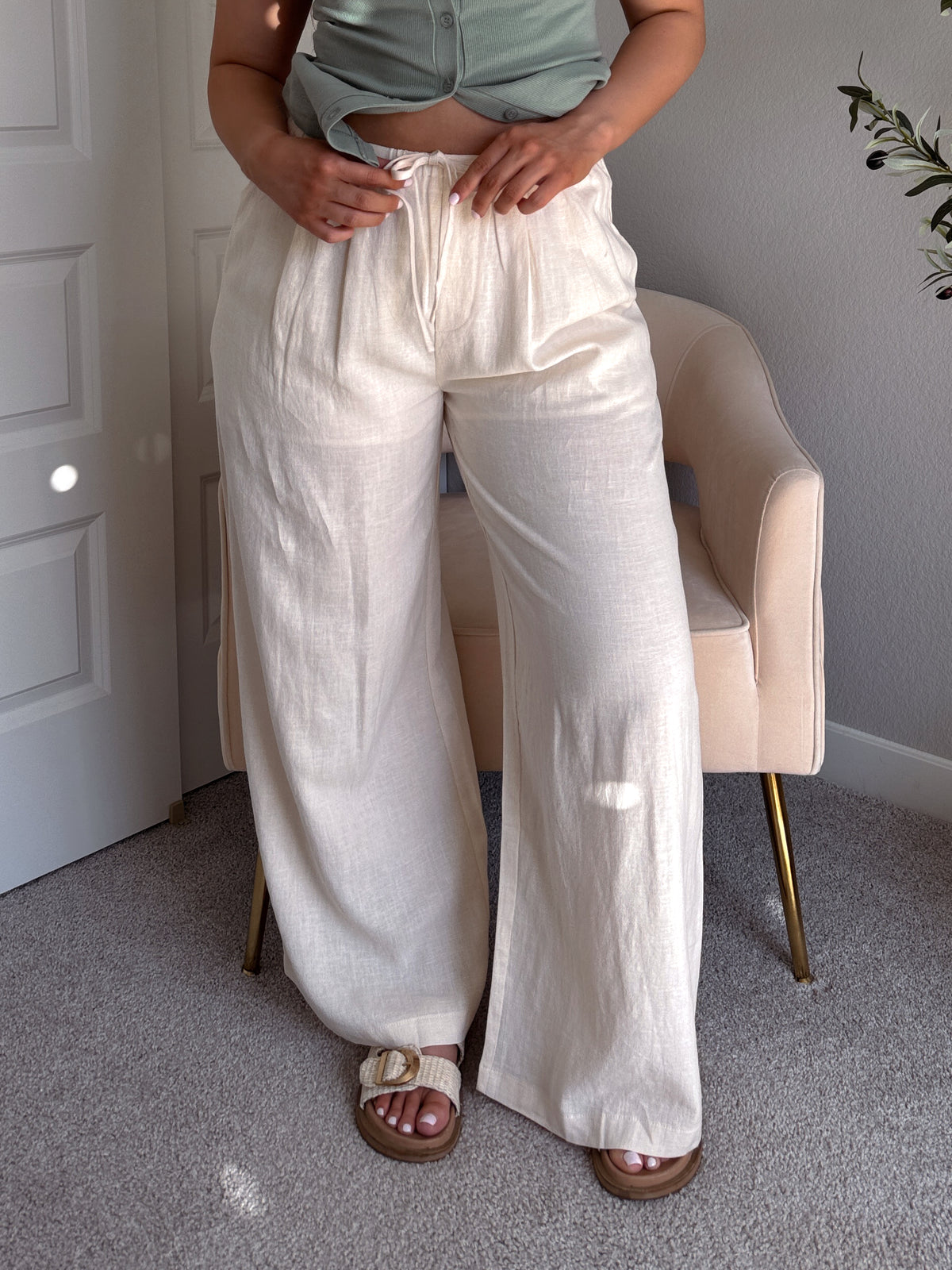 Valencia Ramie Drawstring Wide-Leg Pants (Oatmeal)