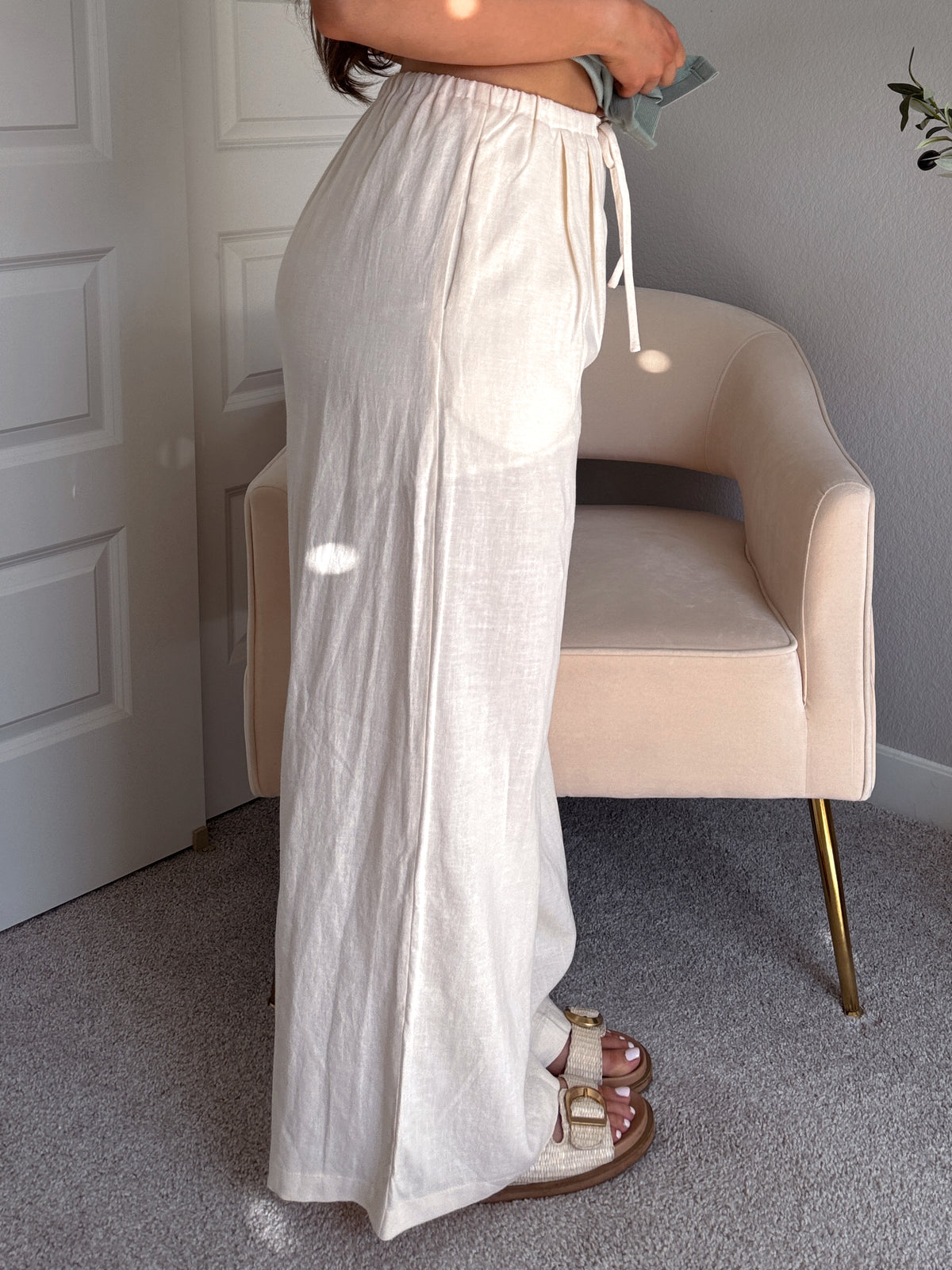 Valencia Ramie Drawstring Wide-Leg Pants (Oatmeal)