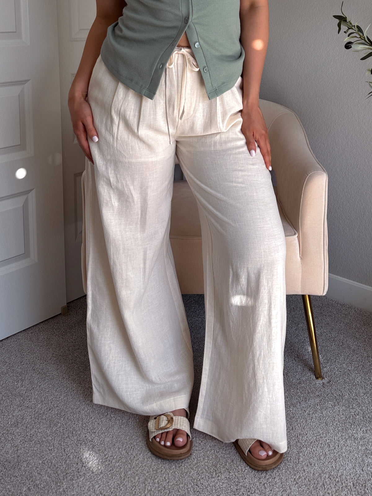 Valencia Ramie Drawstring Wide-Leg Pants (Oatmeal)