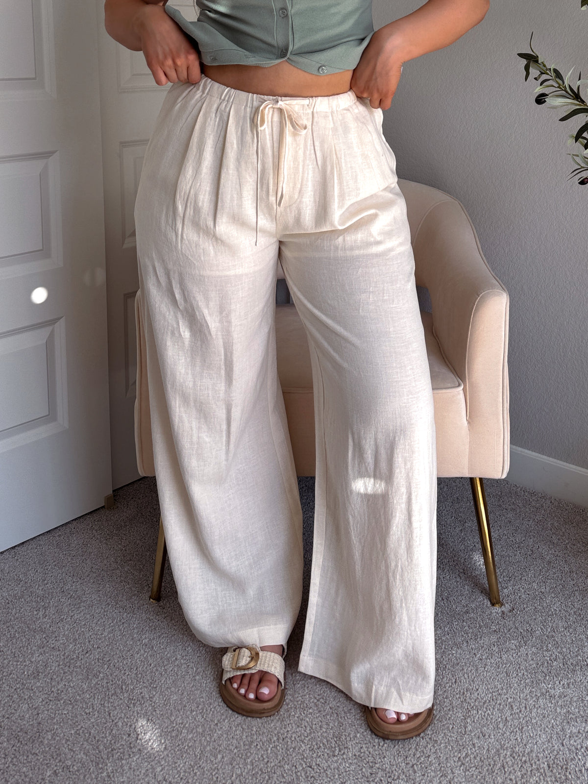 Valencia Ramie Drawstring Wide-Leg Pants (Oatmeal)