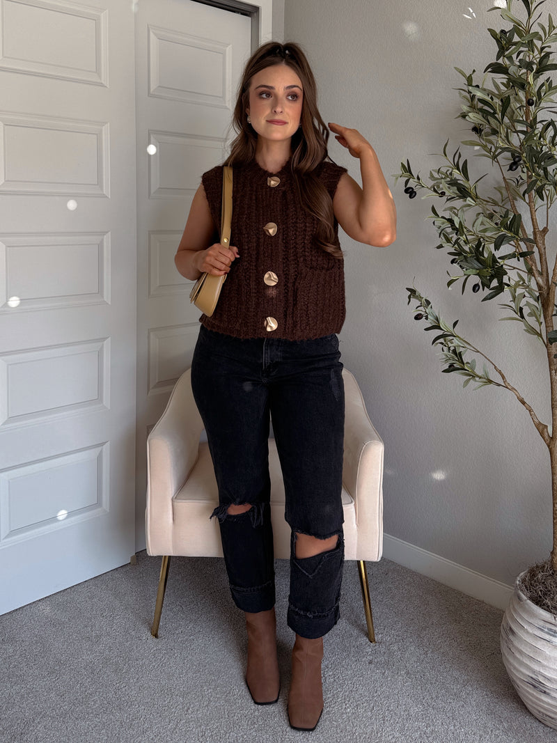 Whitaker Chunky Button Knit Sweater Vest (Brown)
