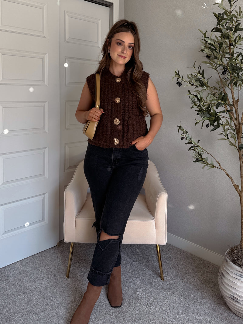 Whitaker Chunky Button Knit Sweater Vest (Brown)