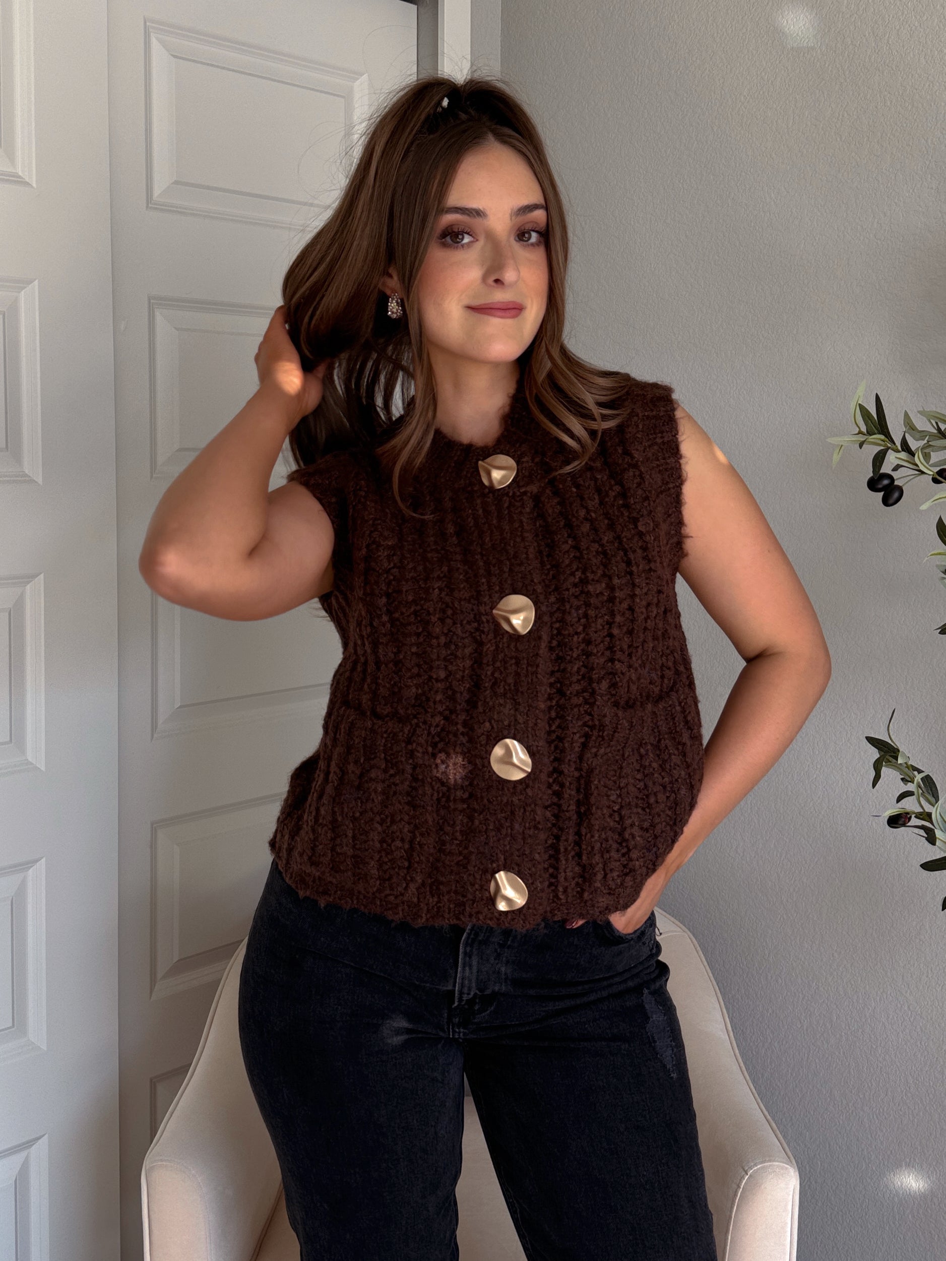 Whitaker Chunky Button Knit Sweater Vest (Brown) – La Belle