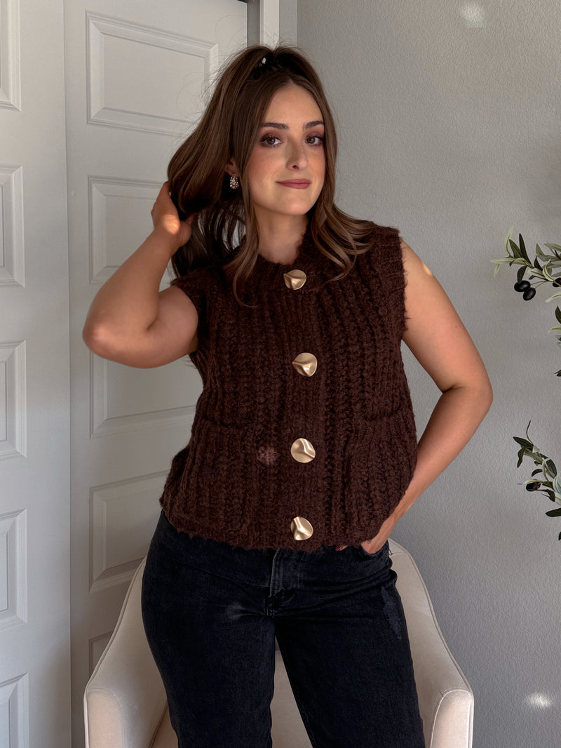 Whitaker Chunky Button Knit Sweater Vest (Brown)