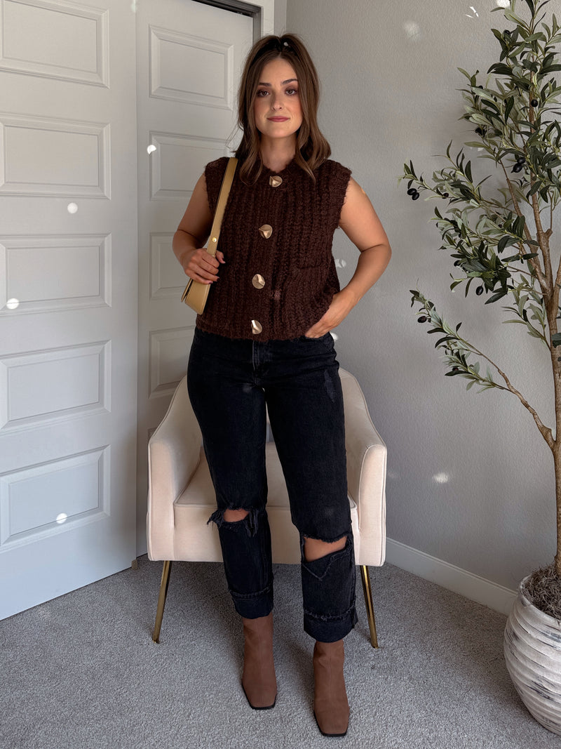 Whitaker Chunky Button Knit Sweater Vest (Brown)