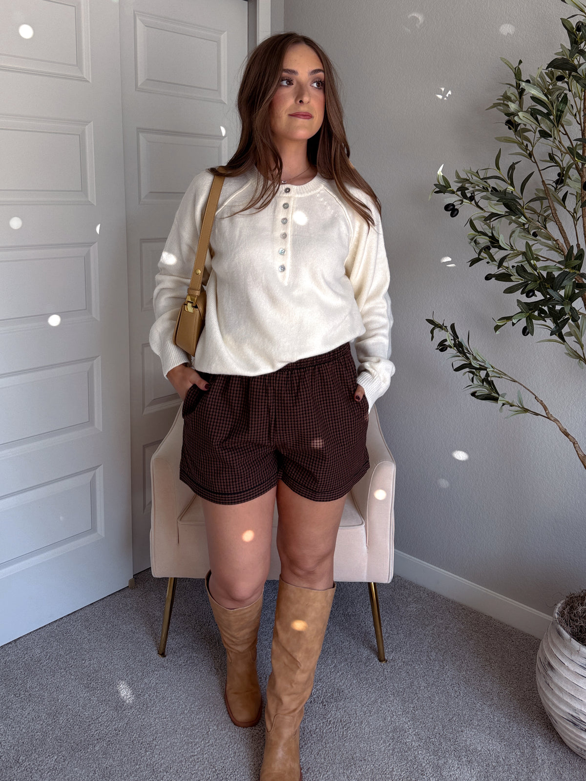 Winnie Cotton Gingham Contrast Trim Shorts (Brown/Multi)
