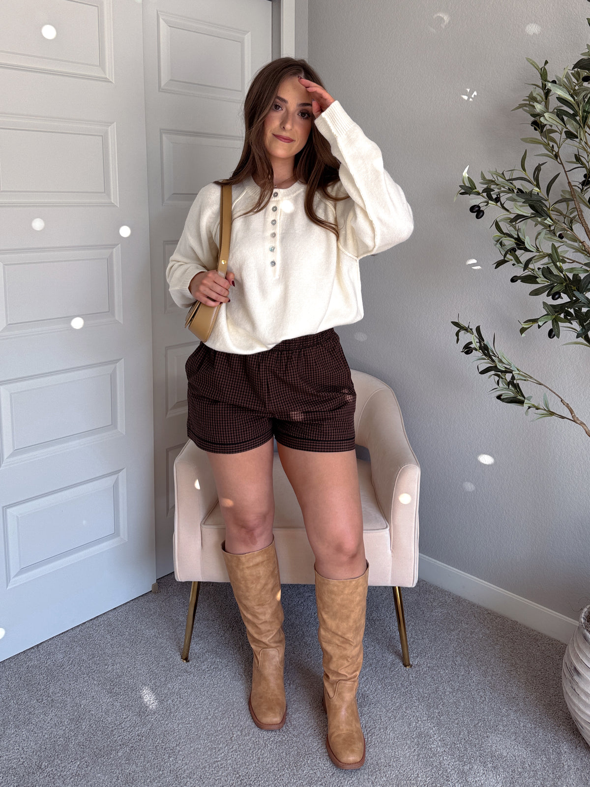 Winnie Cotton Gingham Contrast Trim Shorts (Brown/Multi)