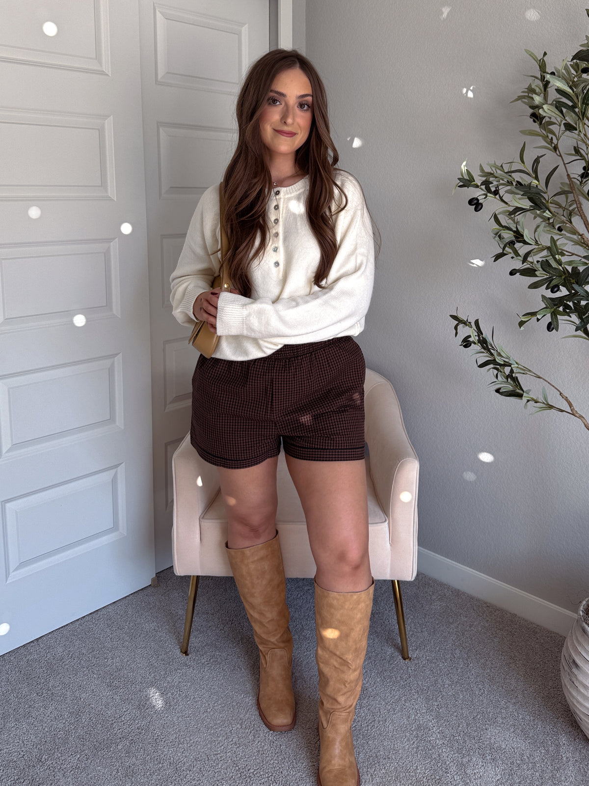 Winnie Cotton Gingham Contrast Trim Shorts (Brown/Multi)