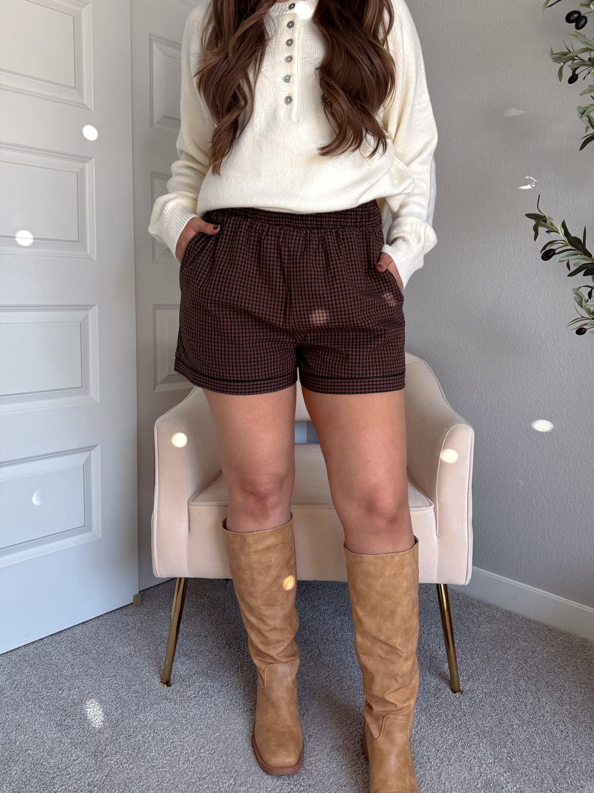 Winnie Cotton Gingham Contrast Trim Shorts (Brown/Multi)