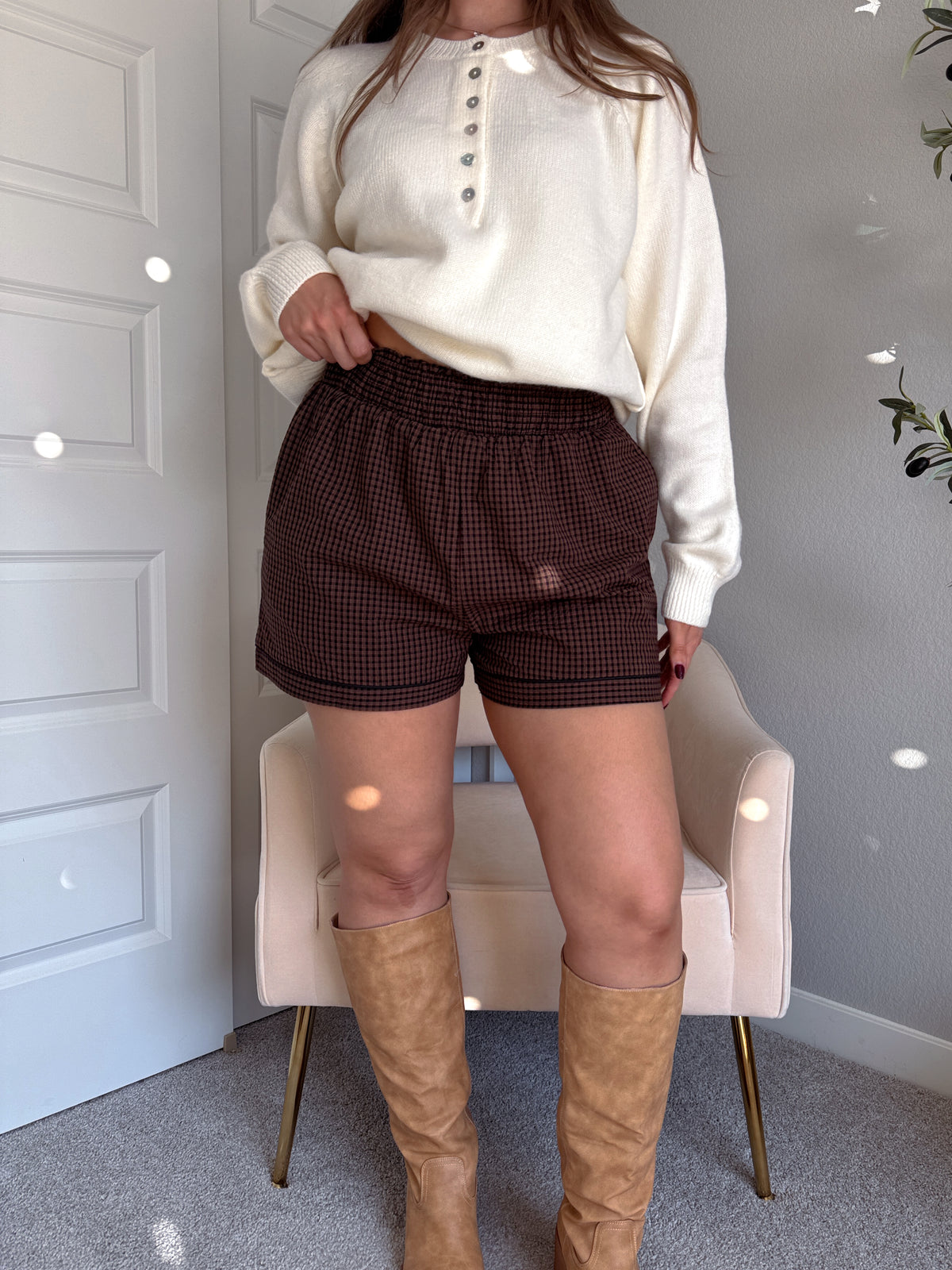 Winnie Cotton Gingham Contrast Trim Shorts (Brown/Multi)