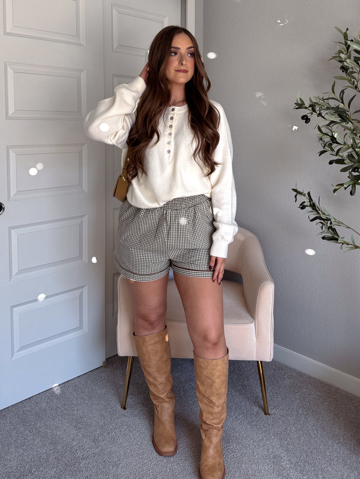Winnie Cotton Gingham Contrast Trim Shorts (Olive/Multi)