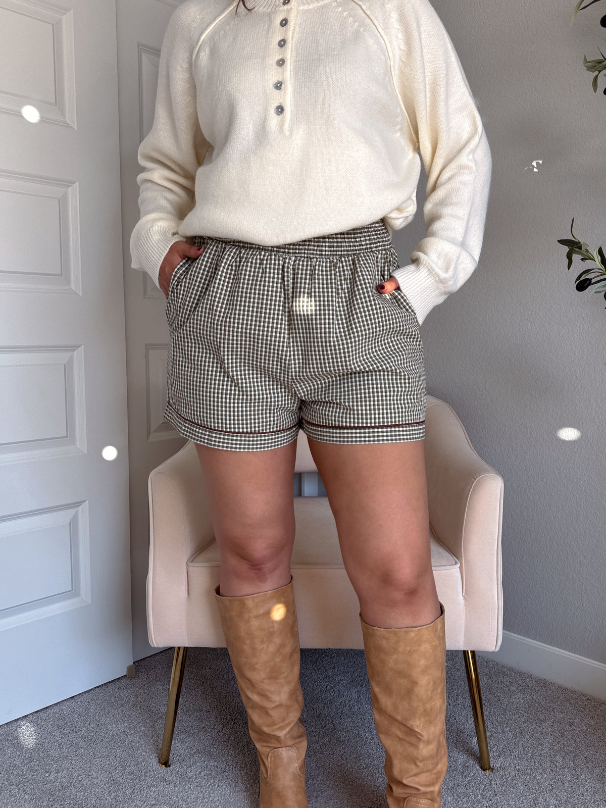 Winnie Cotton Gingham Contrast Trim Shorts (Olive/Multi)