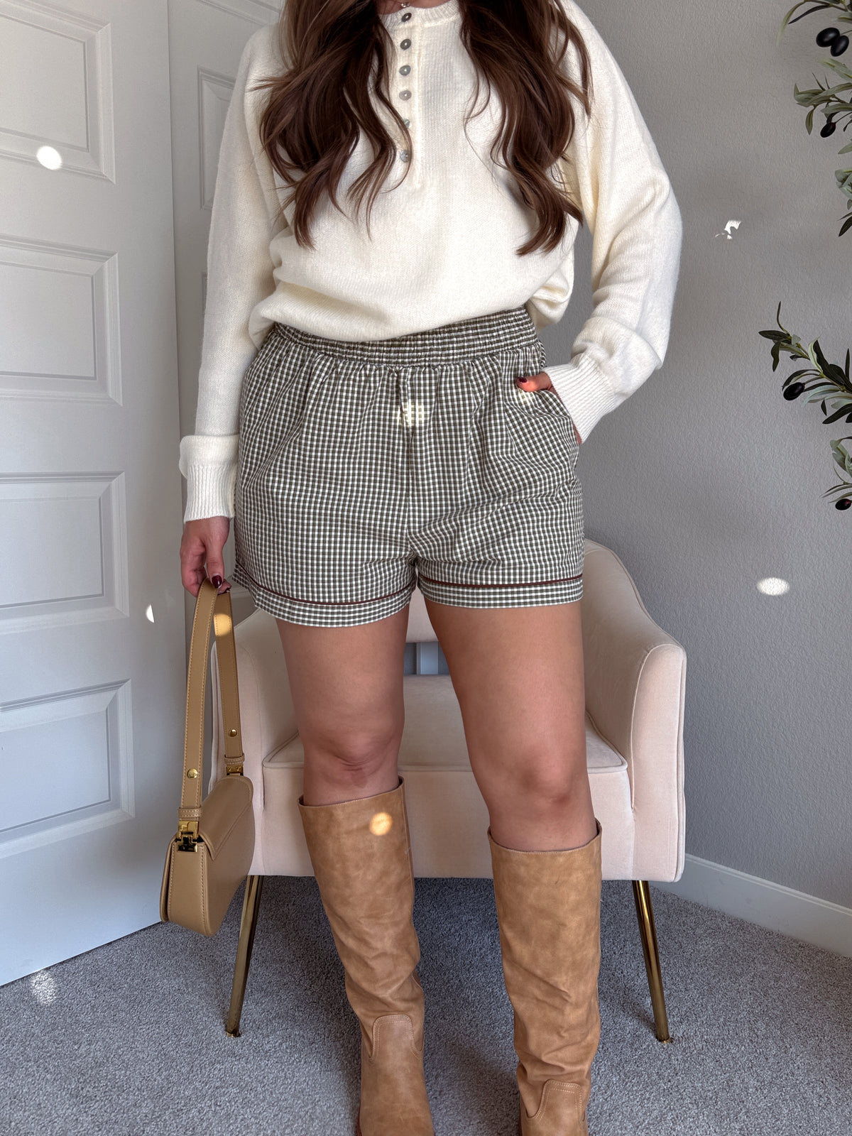 Winnie Cotton Gingham Contrast Trim Shorts (Olive/Multi)