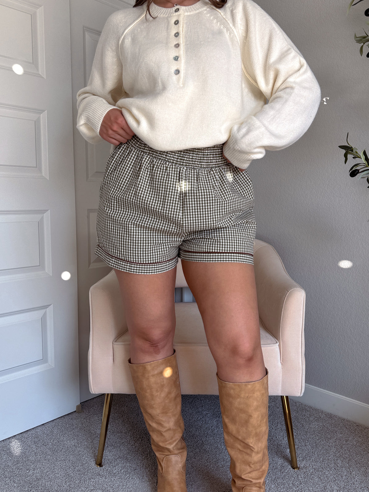 Winnie Cotton Gingham Contrast Trim Shorts (Olive/Multi)