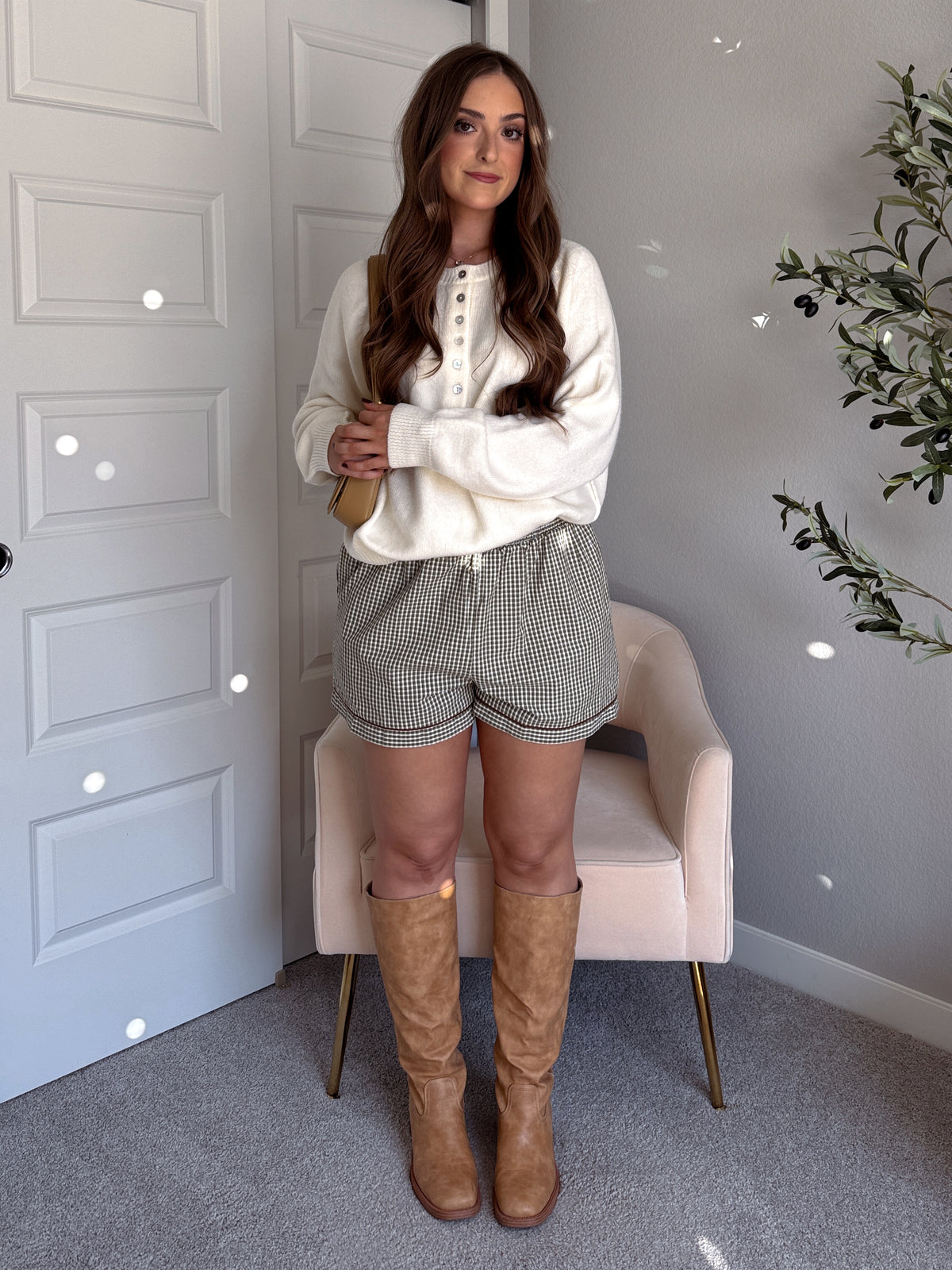 Winnie Cotton Gingham Contrast Trim Shorts (Olive/Multi)