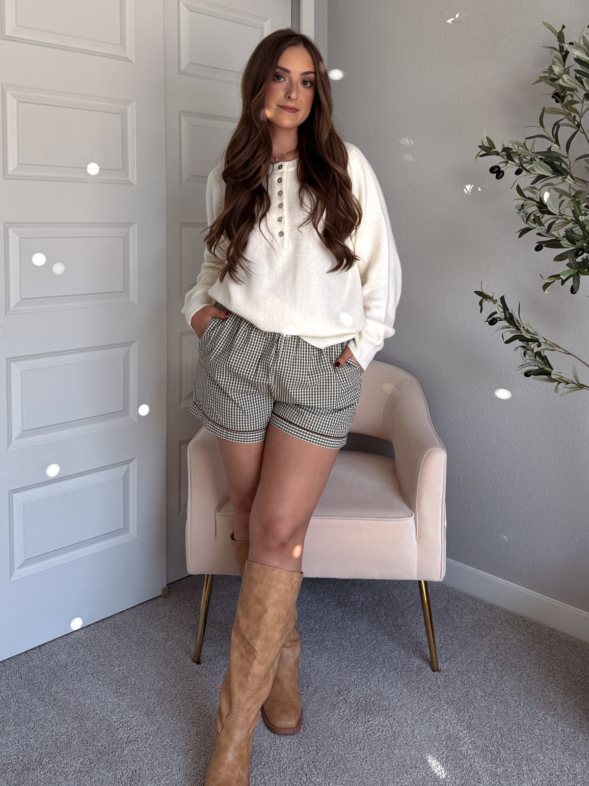 Winnie Cotton Gingham Contrast Trim Shorts (Olive/Multi)