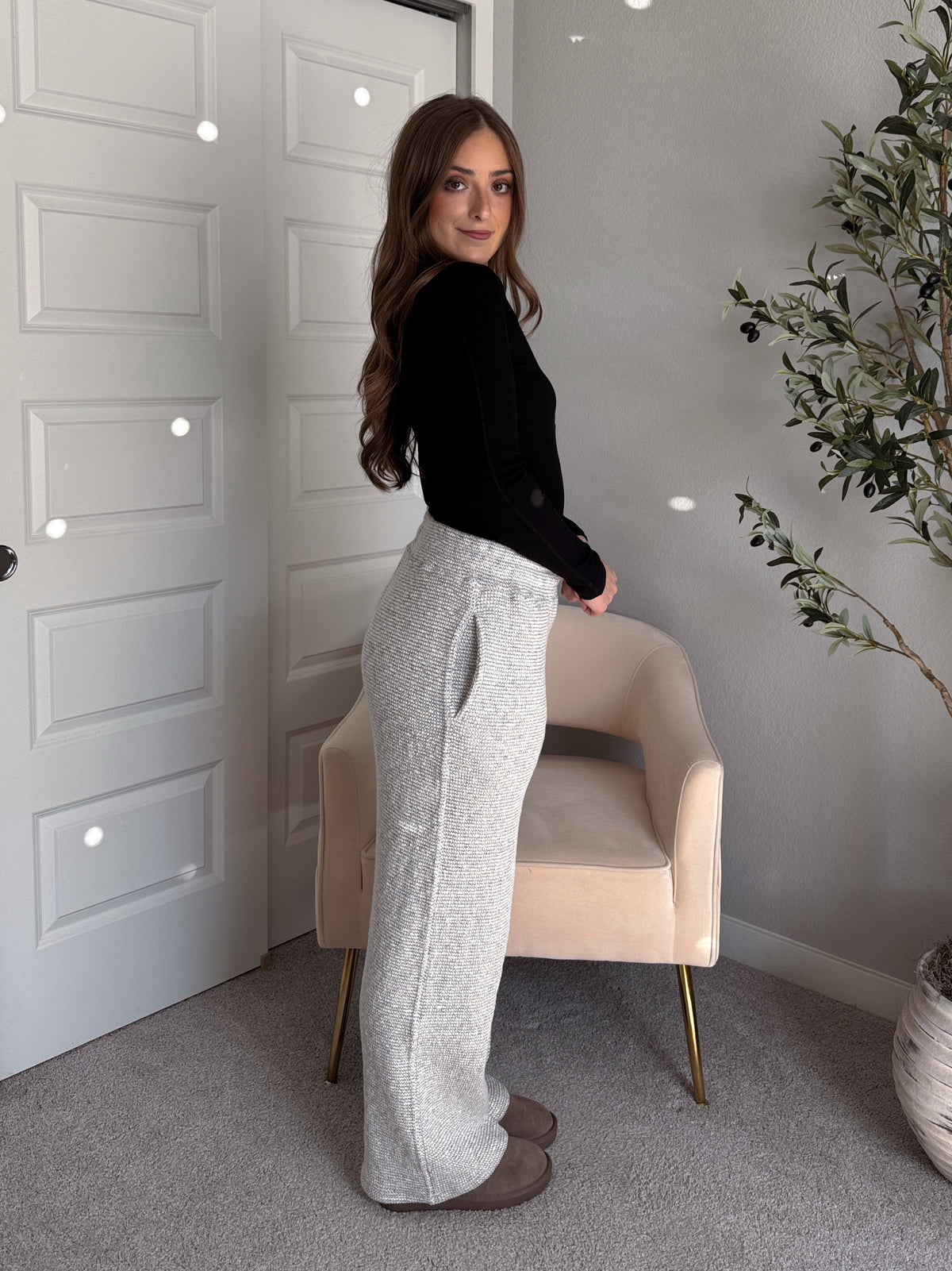 Winslow Marina Textured Wide-Leg Cotton Lounge Pants (Cream/Black)