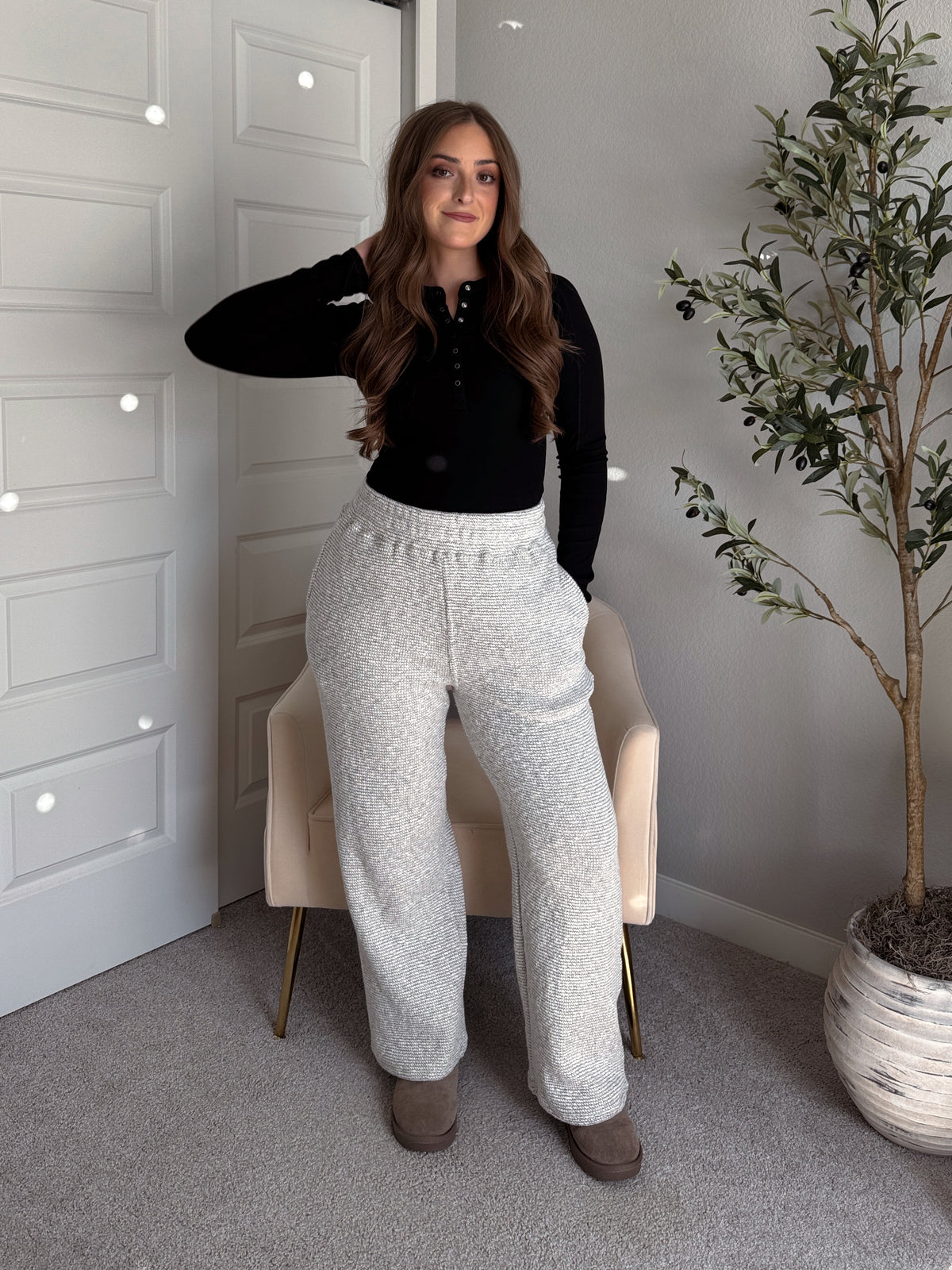 Winslow Marina Textured Wide-Leg Cotton Lounge Pants (Cream/Black)