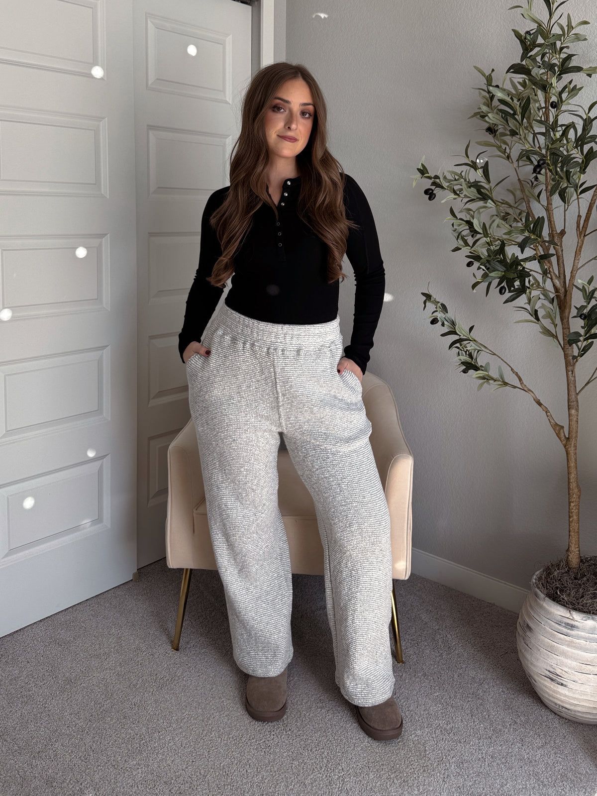 Winslow Marina Textured Wide-Leg Cotton Lounge Pants (Cream/Black)