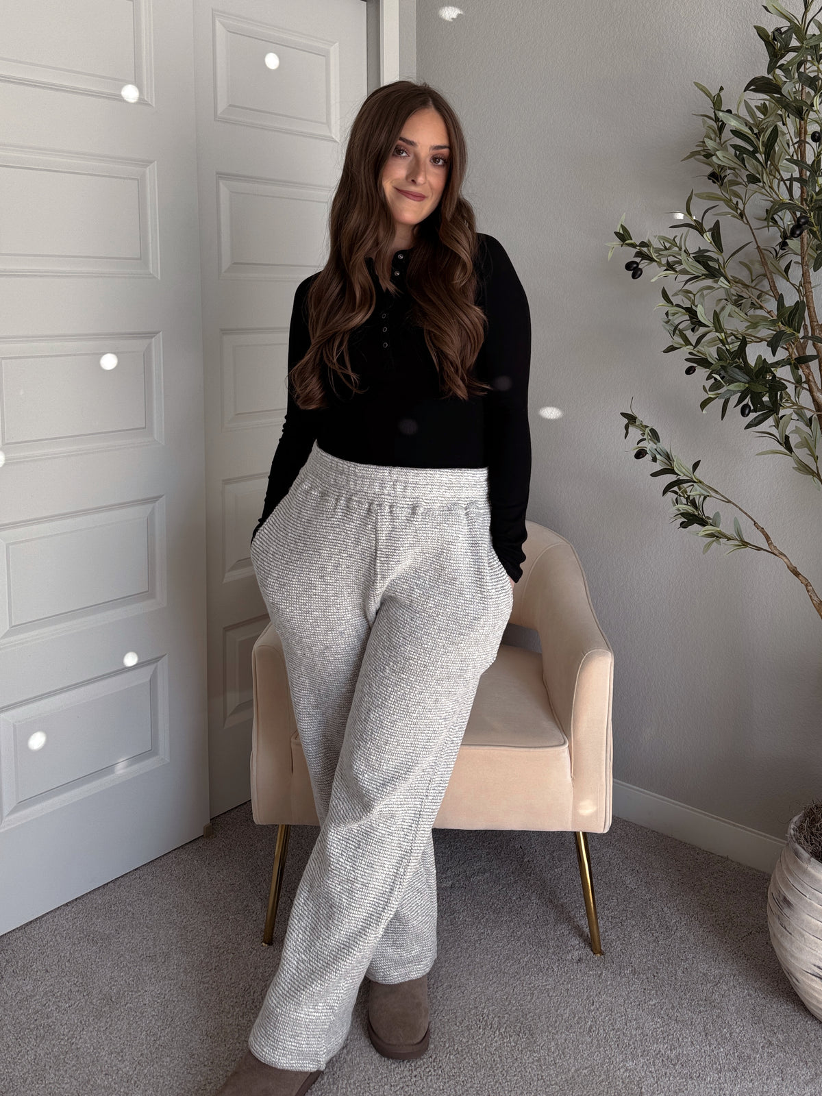 Winslow Marina Textured Wide-Leg Cotton Lounge Pants (Cream/Black)