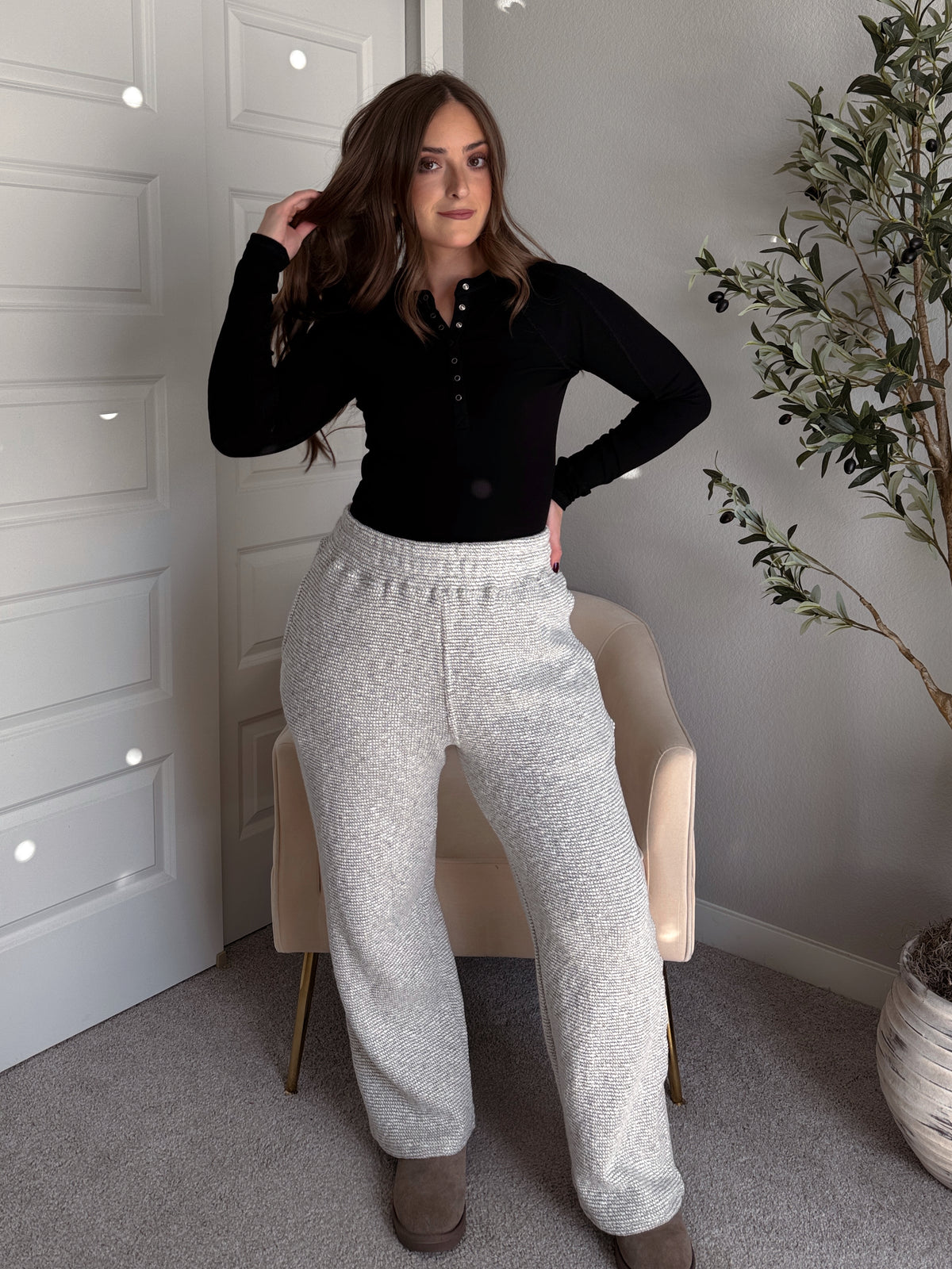 Winslow Marina Textured Wide-Leg Cotton Lounge Pants (Cream/Black)
