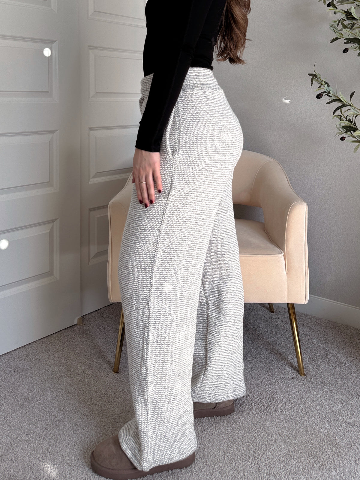 Winslow Marina Textured Wide-Leg Cotton Lounge Pants (Cream/Black)