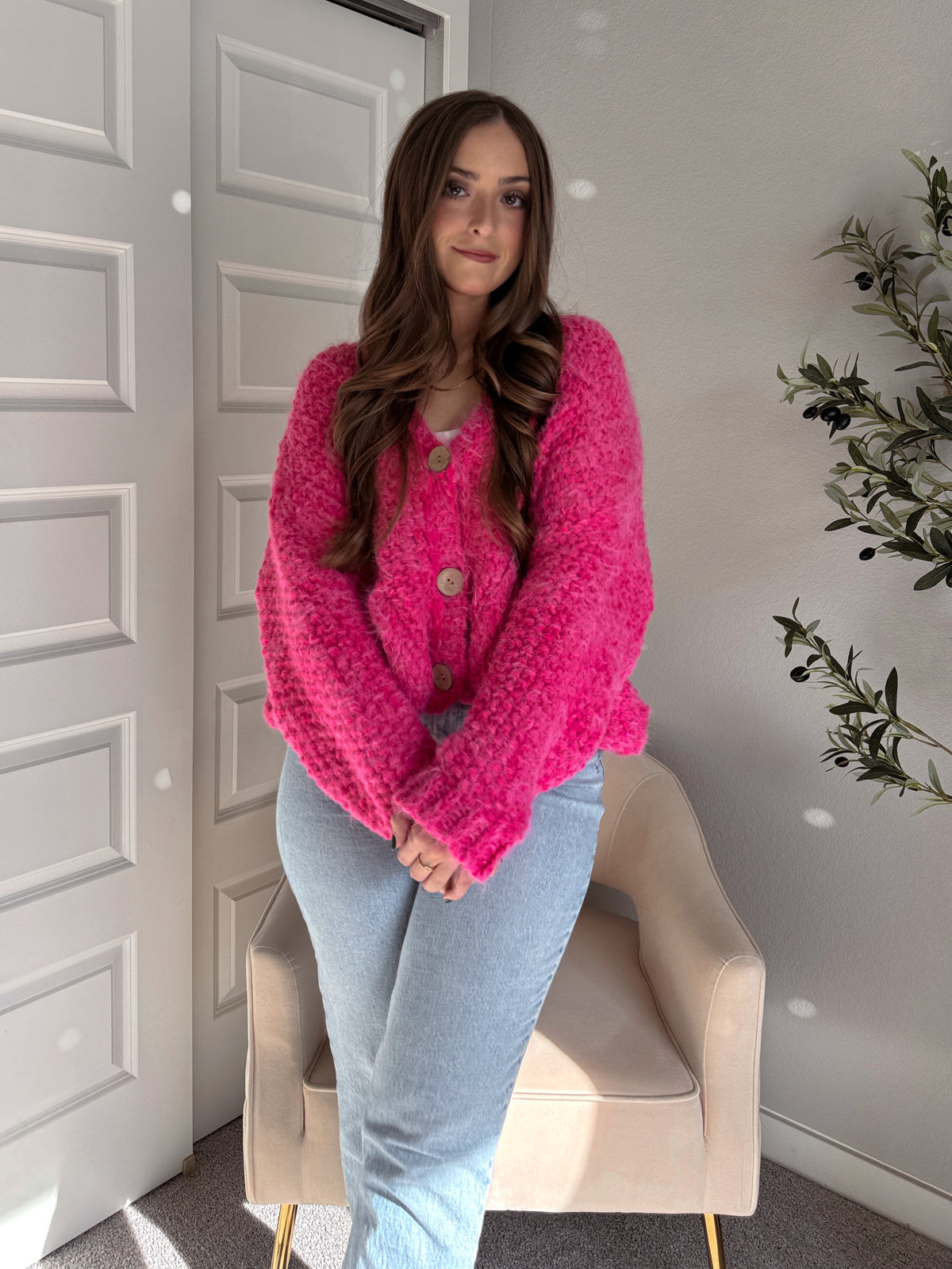 Winterberry Plush Long-Pile Knit Cardigan (Pink)