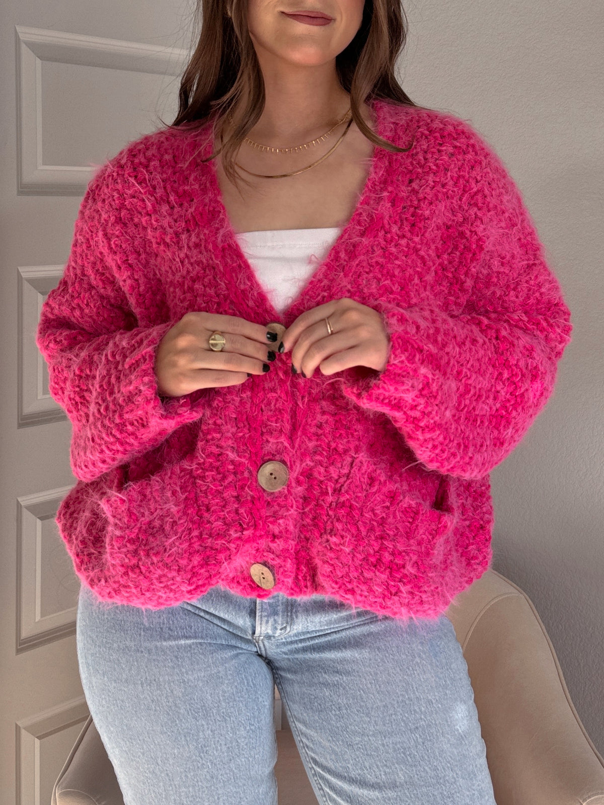 Winterberry Plush Long-Pile Knit Cardigan (Pink)