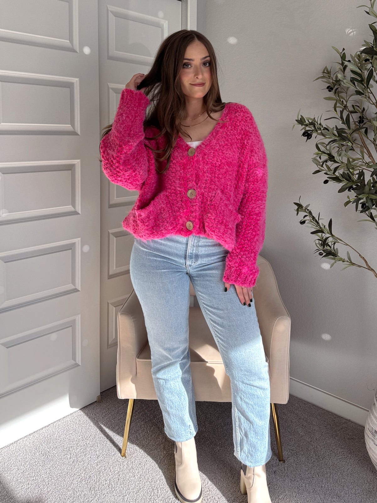 Winterberry Plush Long-Pile Knit Cardigan (Pink)