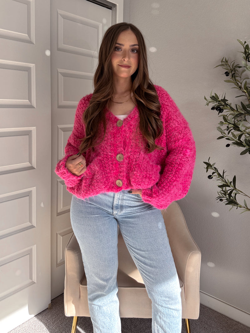 Winterberry Plush Long-Pile Knit Cardigan (Pink)