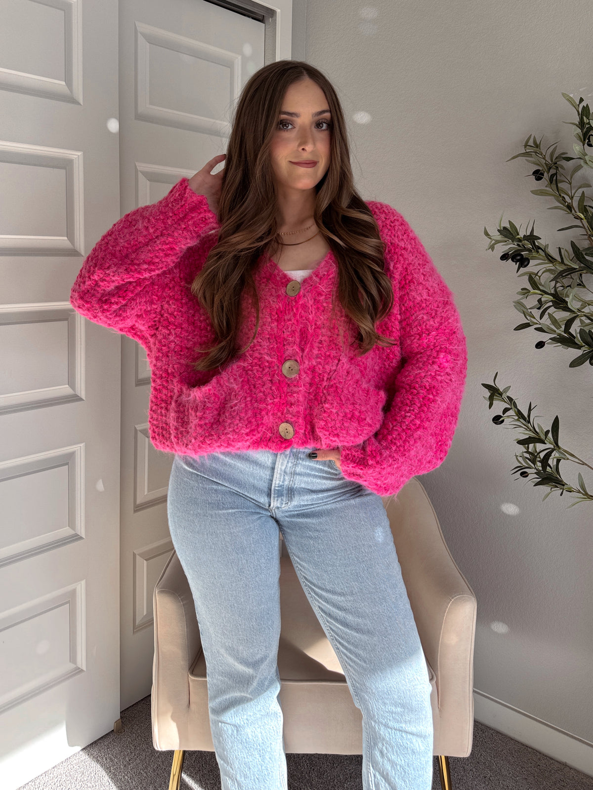 Winterberry Plush Long-Pile Knit Cardigan (Pink)