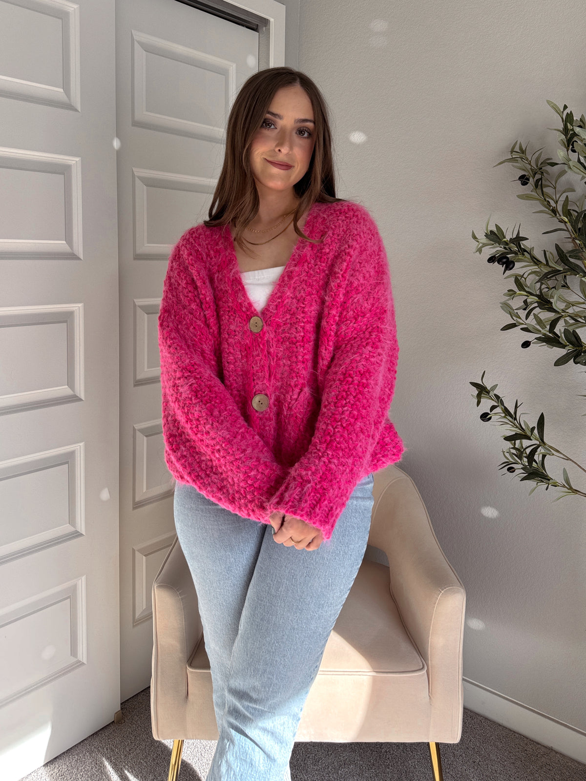 Winterberry Plush Long-Pile Knit Cardigan (Pink)