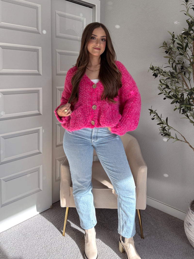 Winterberry Plush Long-Pile Knit Cardigan (Pink)