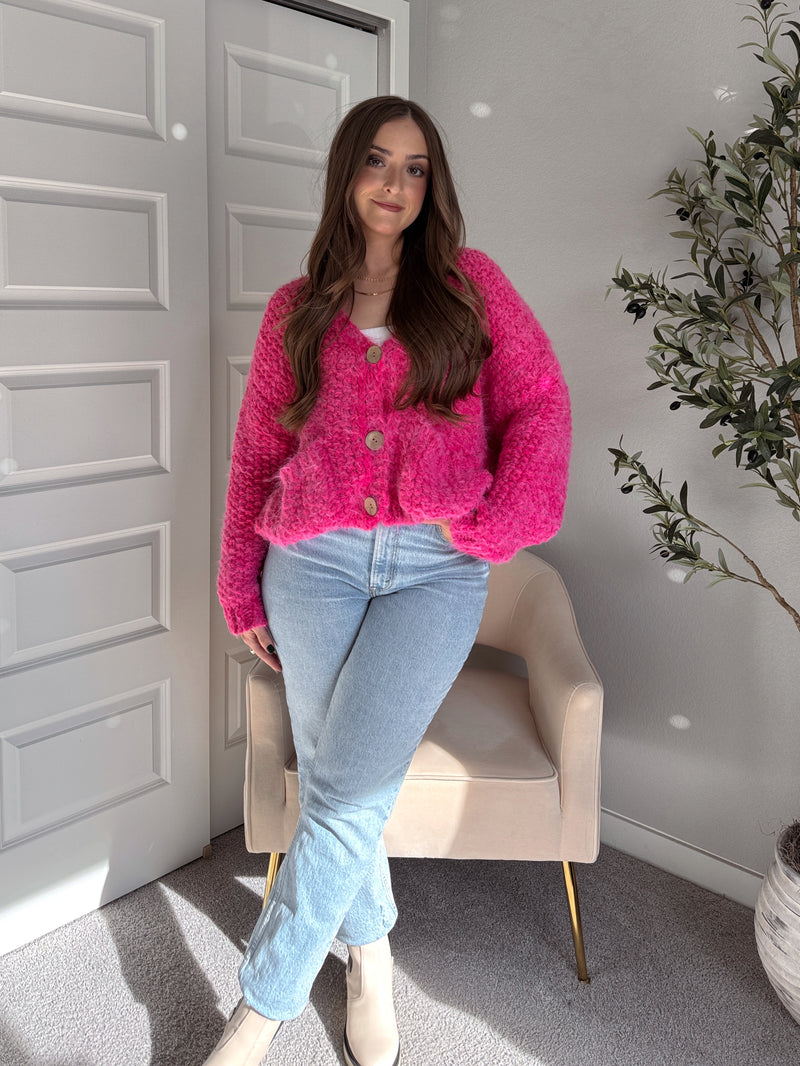 Winterberry Plush Long-Pile Knit Cardigan (Pink)