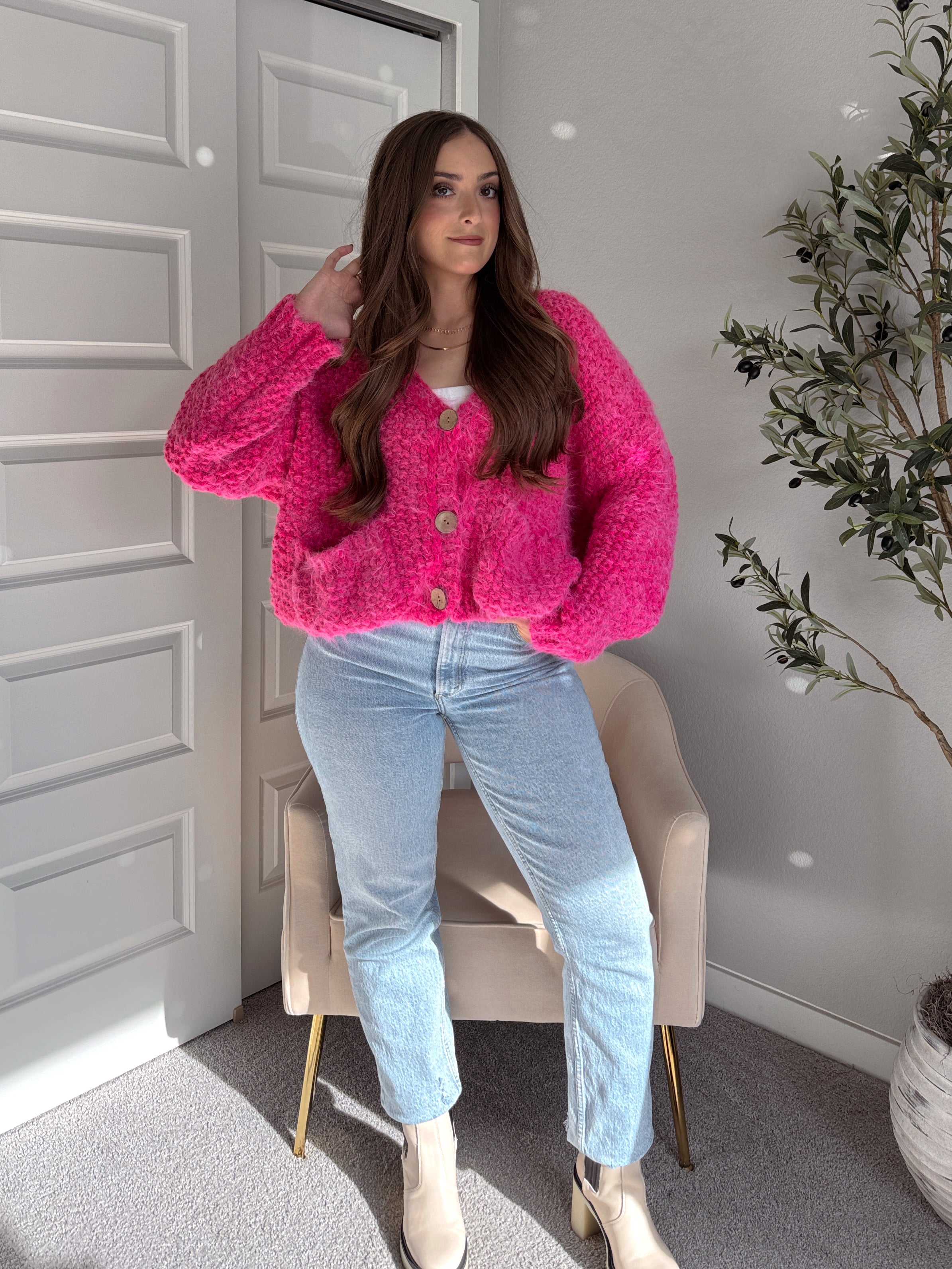 Winterberry Plush Long-Pile Knit Cardigan (Pink) – La Belle Boutique