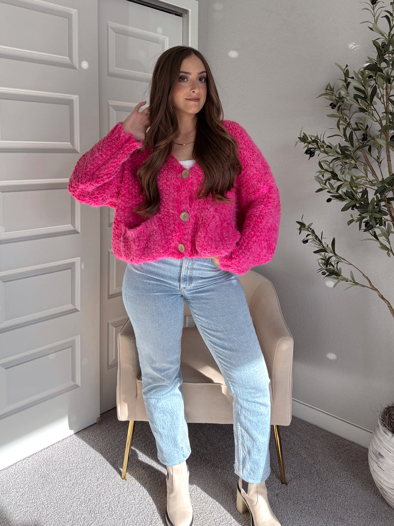 Winterberry Plush Long-Pile Knit Cardigan (Pink)