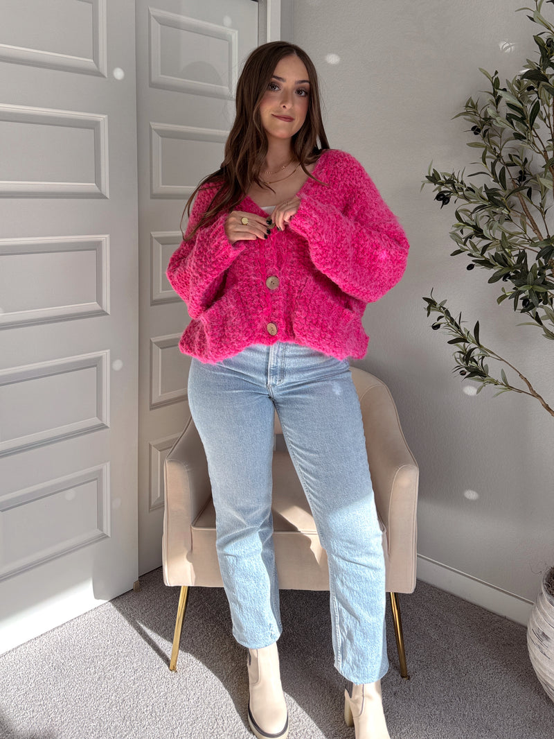 Winterberry Plush Long-Pile Knit Cardigan (Pink)