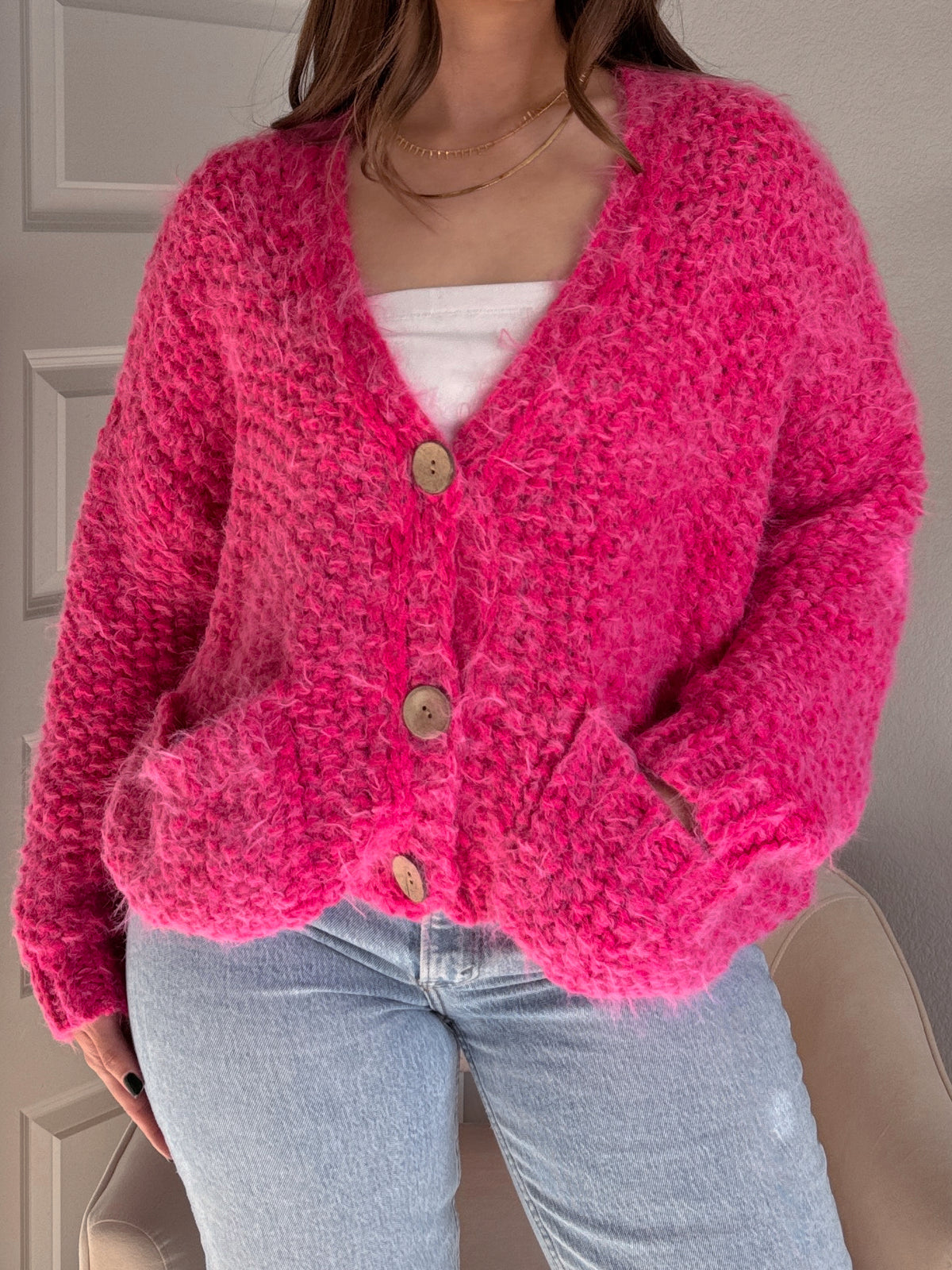 Winterberry Plush Long-Pile Knit Cardigan (Pink)