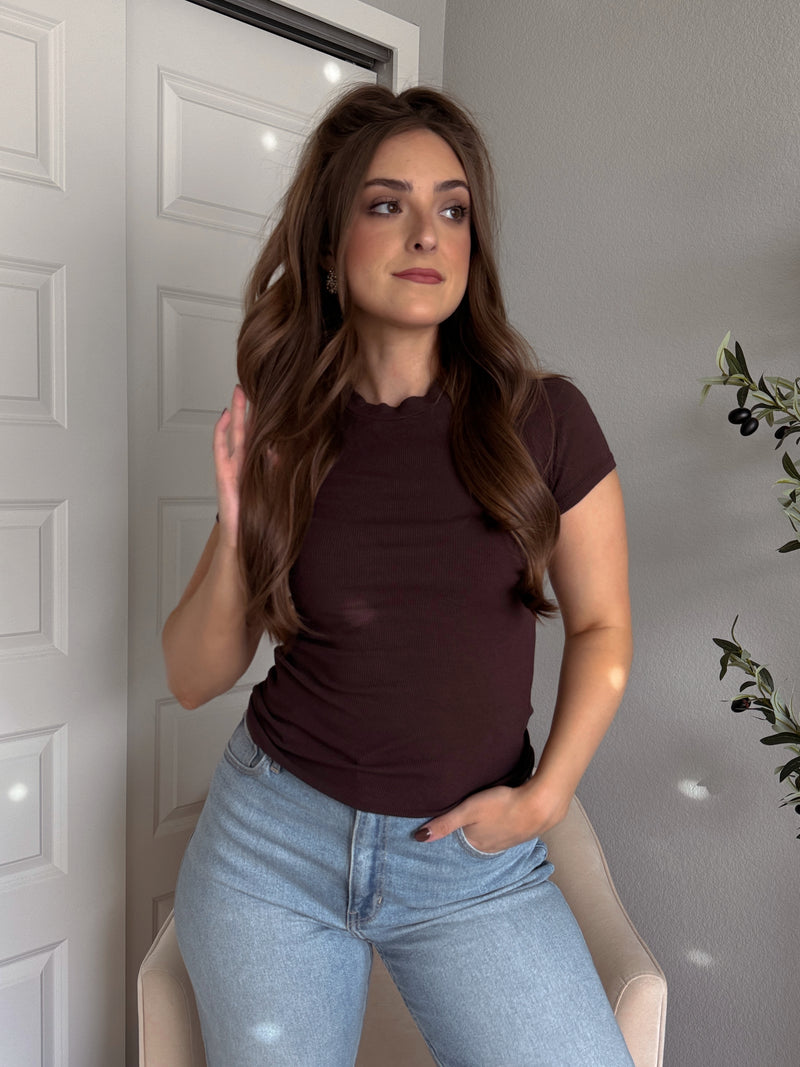 Zuri Essential Micro-Ribbed Short Sleeve Basic Tee (Espresso)