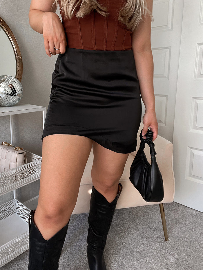 Don't Talk to Me Asymmetrical Satin Mini Skirt (Black) | La Belle Boutique: Neutral Women's Online Clothing Boutique